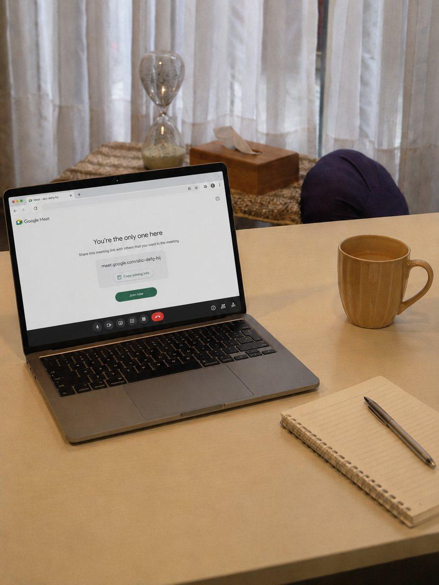 Notebook con una videollamada abierta sobre el escritorio del consultorio
